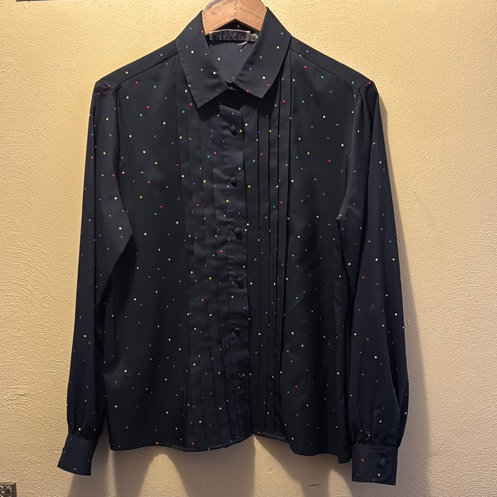 Josephine Women Polka-dot Long Sleeve Button-Up Shirt Black Sz 14 - vintage 80s